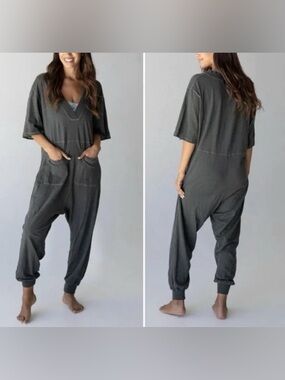 Natural Life Small Charcoal Charlie Cotton V Neck Jumpsuit